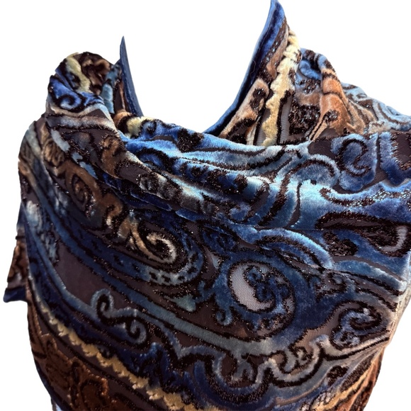 Sonia Rykiel Blue Velvet Burnout Paisley Scarf 🇫🇷 | Silk Blend Evening Shawl - Picture 5 of 11